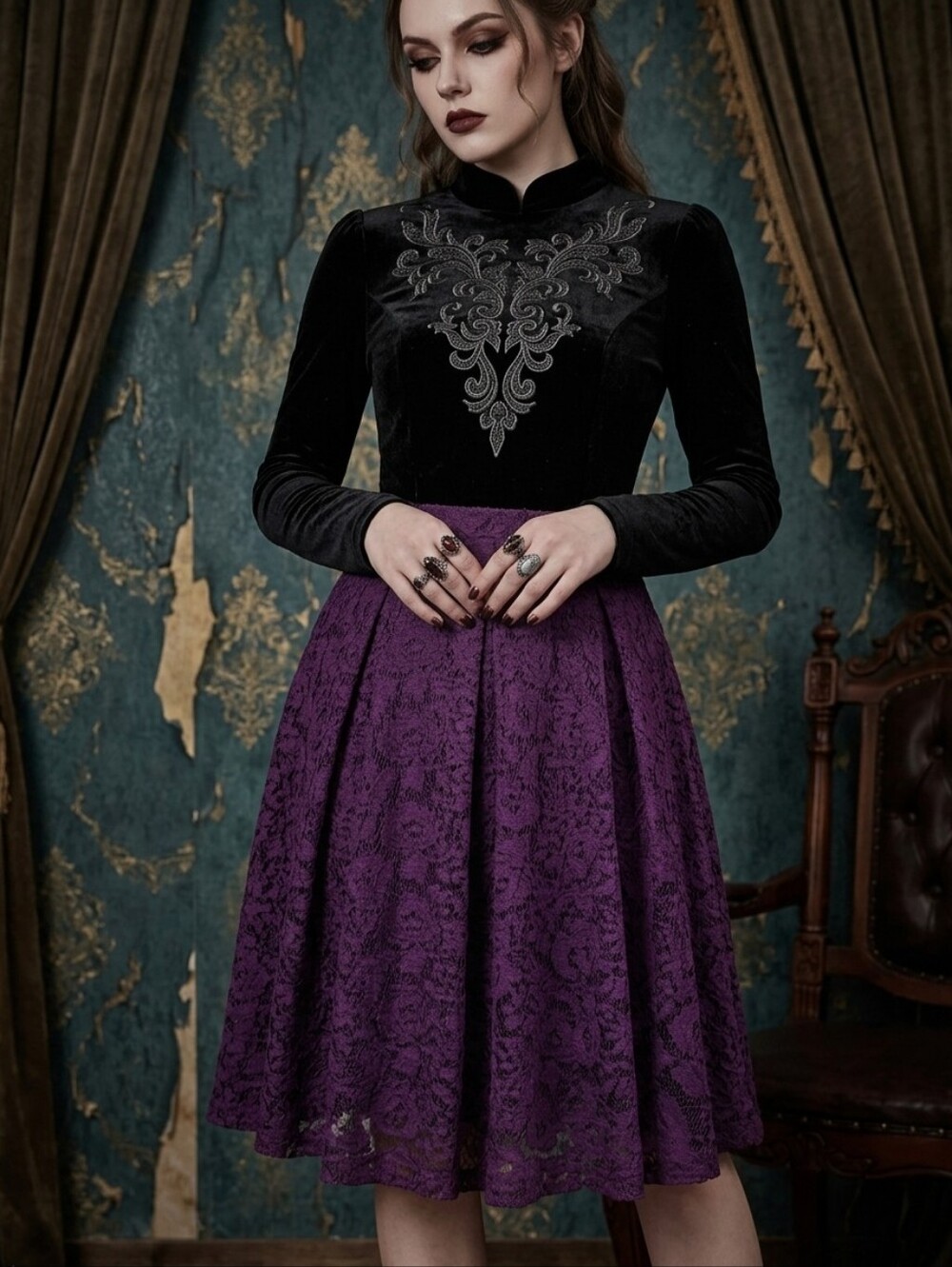 Plum Floral Lace Pleated A-Line Skirt Medium Whimsigoth Dark Romantic Purple